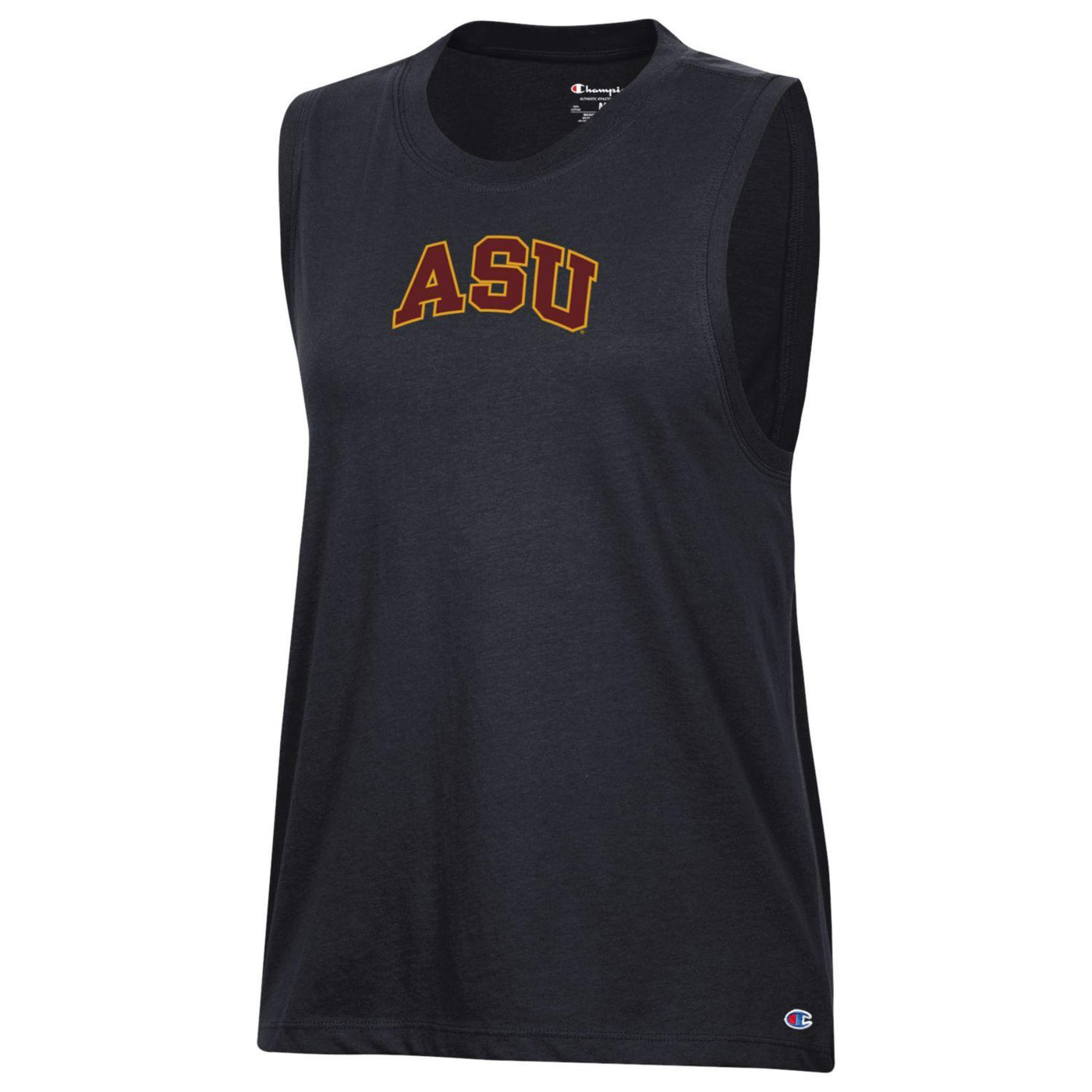 ASU black women tank top with the letters ASU written in maroon outlined in gold on the front.
