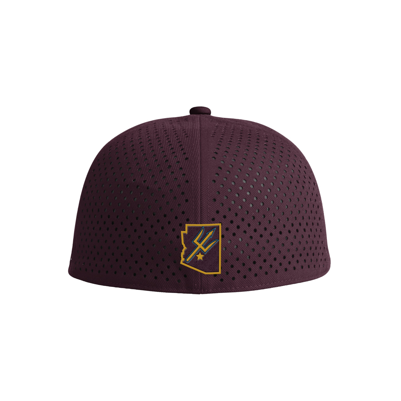 Back of maroon ASU hat with performance ventilation detailing and the outline of the state of Arizona at the bottom