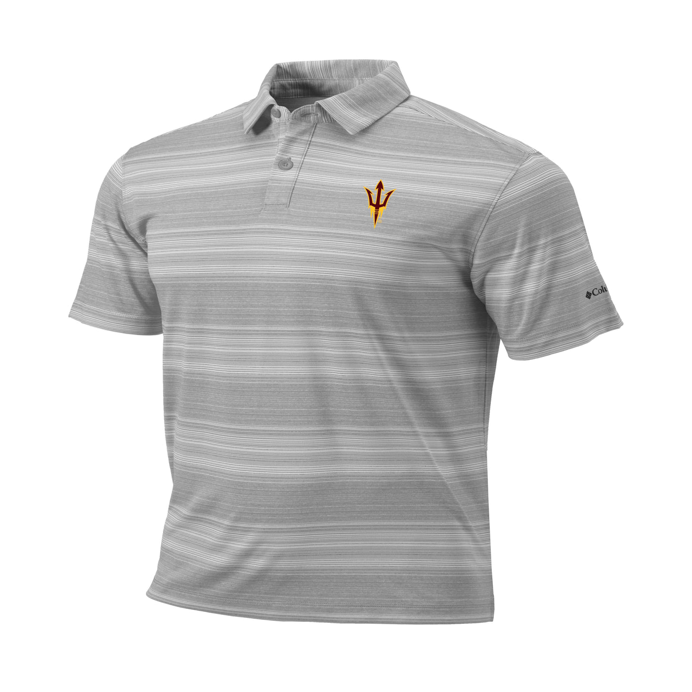 ASU Polo gray with white horizontal stripe pattern and a pitchfork on upper left side of chest