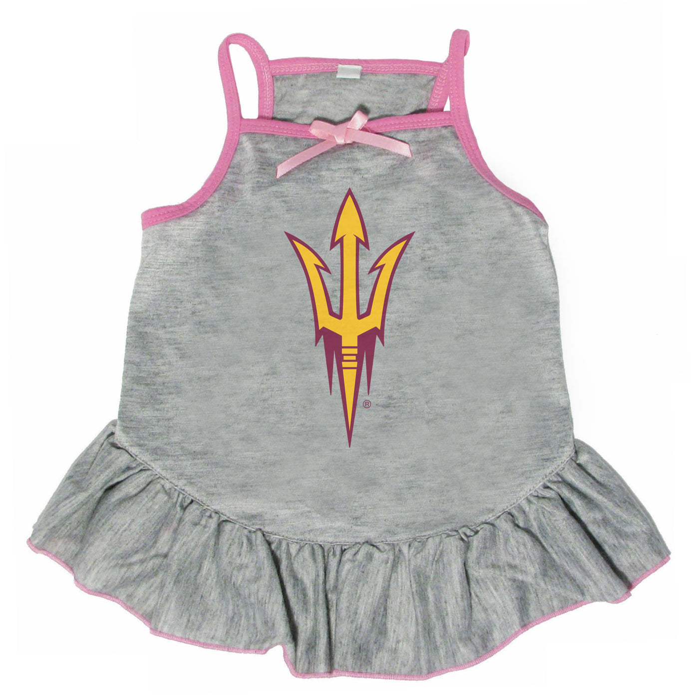 ASU gray pet dress with pink trim and pink straps. A small pink bow on the neckline and a large Pitchfork in gold outlined in maroon on the back.