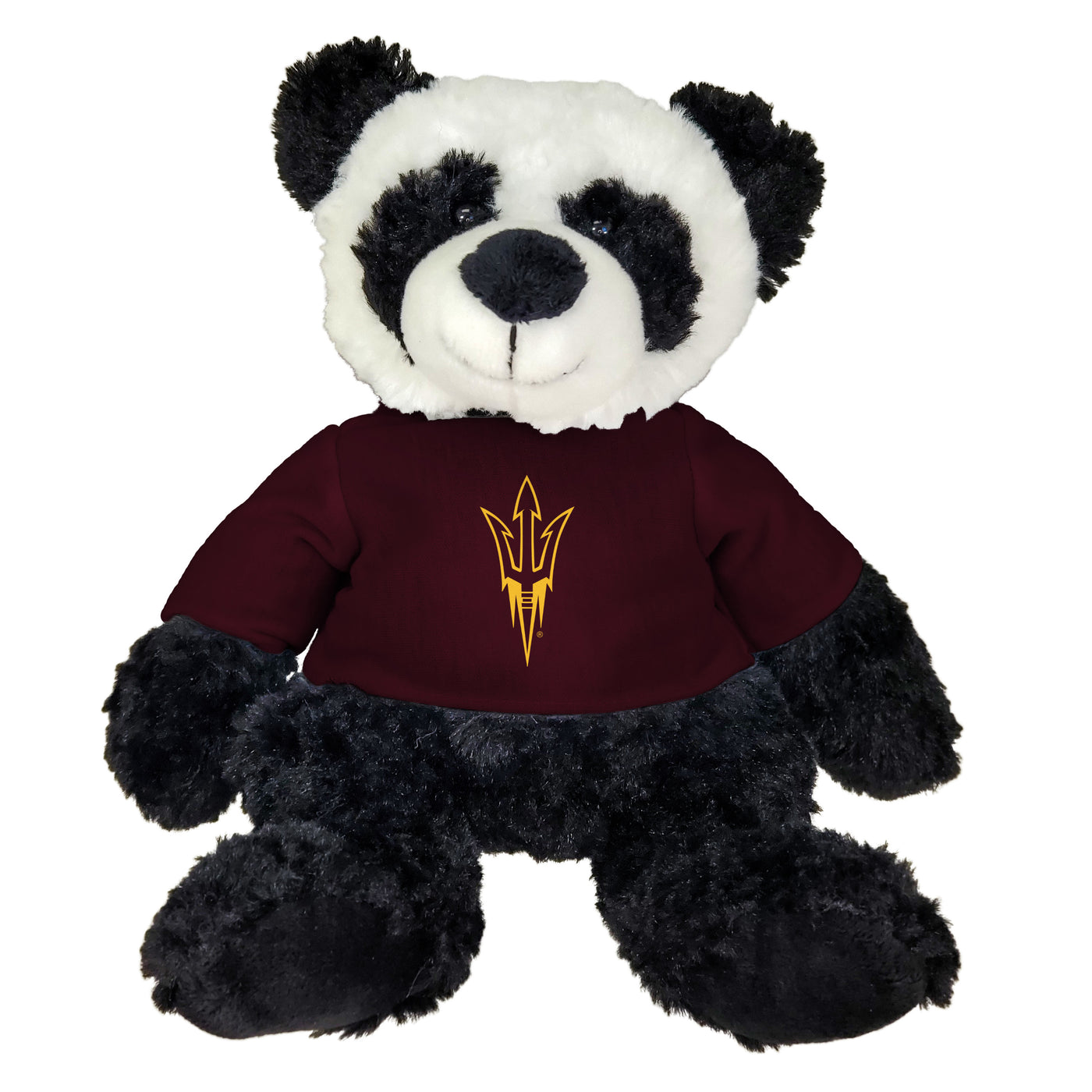 ASU Stuffed black and white panda wearing a maroon shirt with the pitchfork logo. 