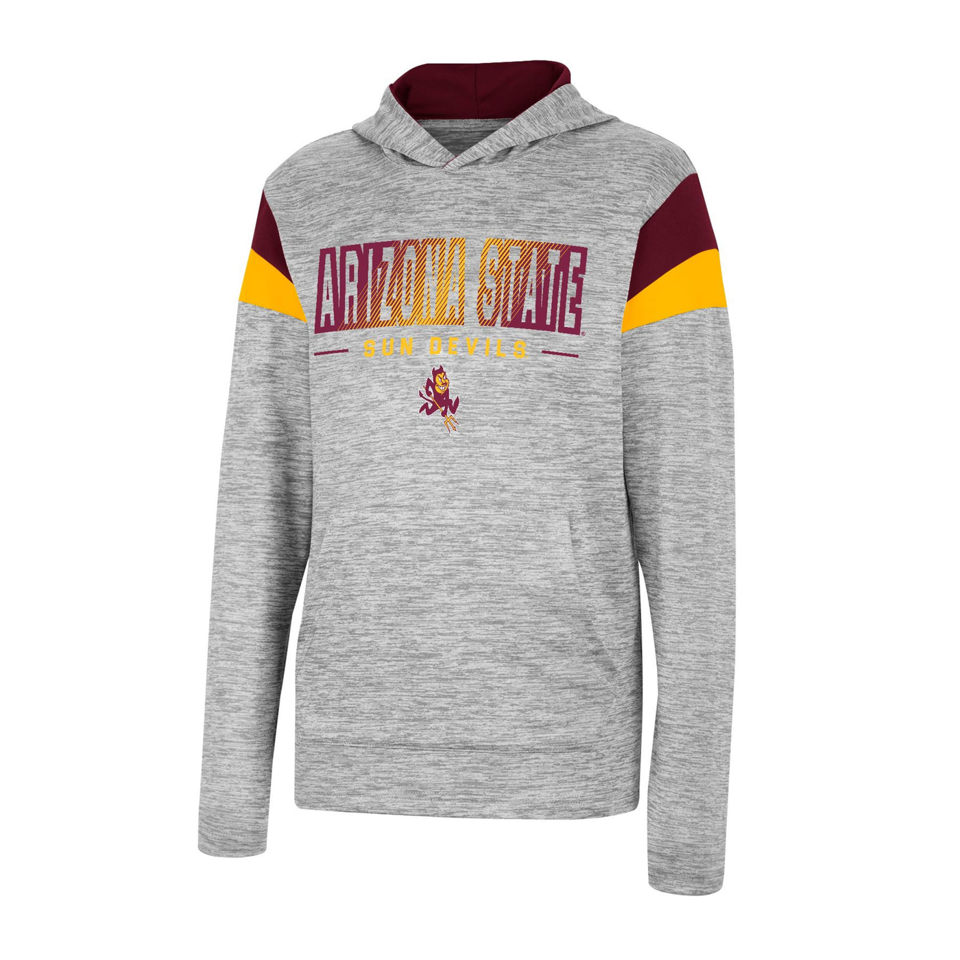 ASU youth heather gray hoody with maroon interior and 'Arizona State Sun Devils' above a Sparky and maroon and gold stripes on the shoulders