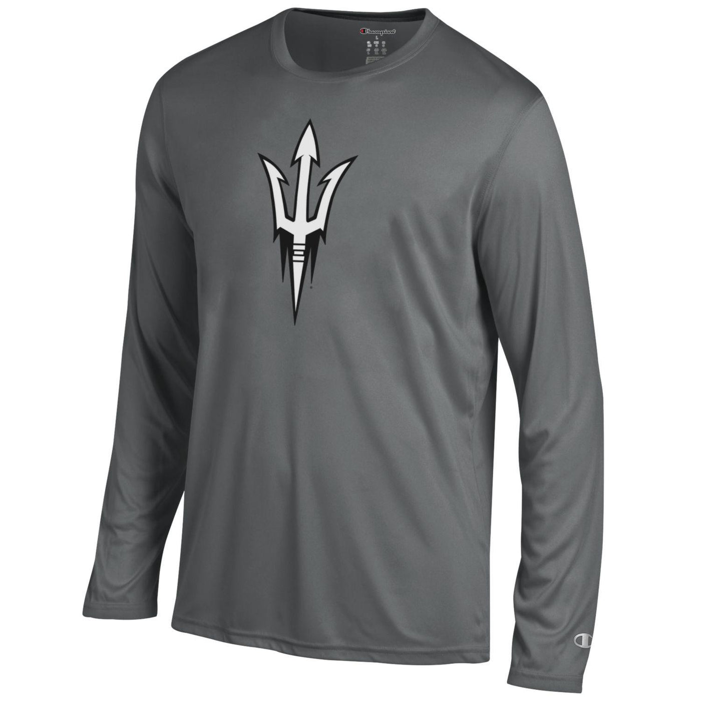 ASU gray athletic long sleeve tee with pitchfork in white and black
