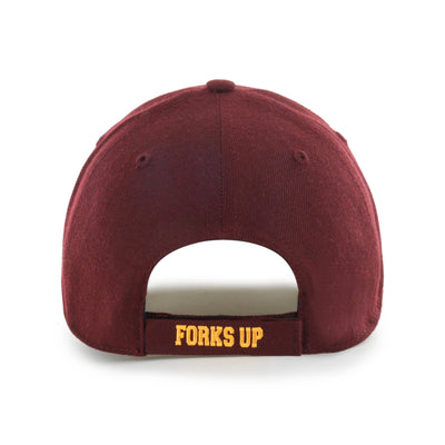 Back of ASU maroon hat with adjustable velcro strap that has gold 'forks up' lettering 