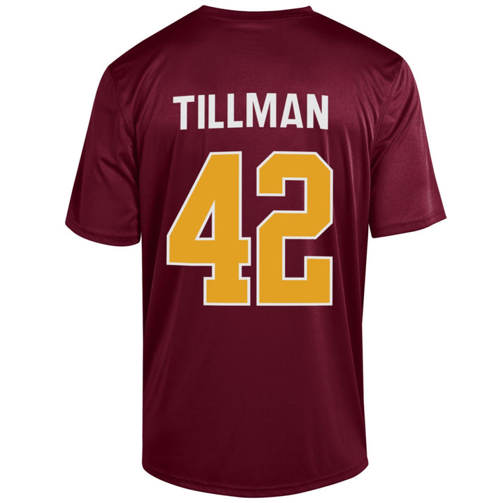 Back side of ASU maroon shirt with the text "tillman" in white written above the number "42" in gold outlined in white.