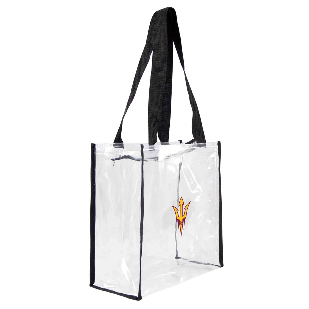 ASU clear square shaped bag with black trim/straps along with a pitchfork logo on the front