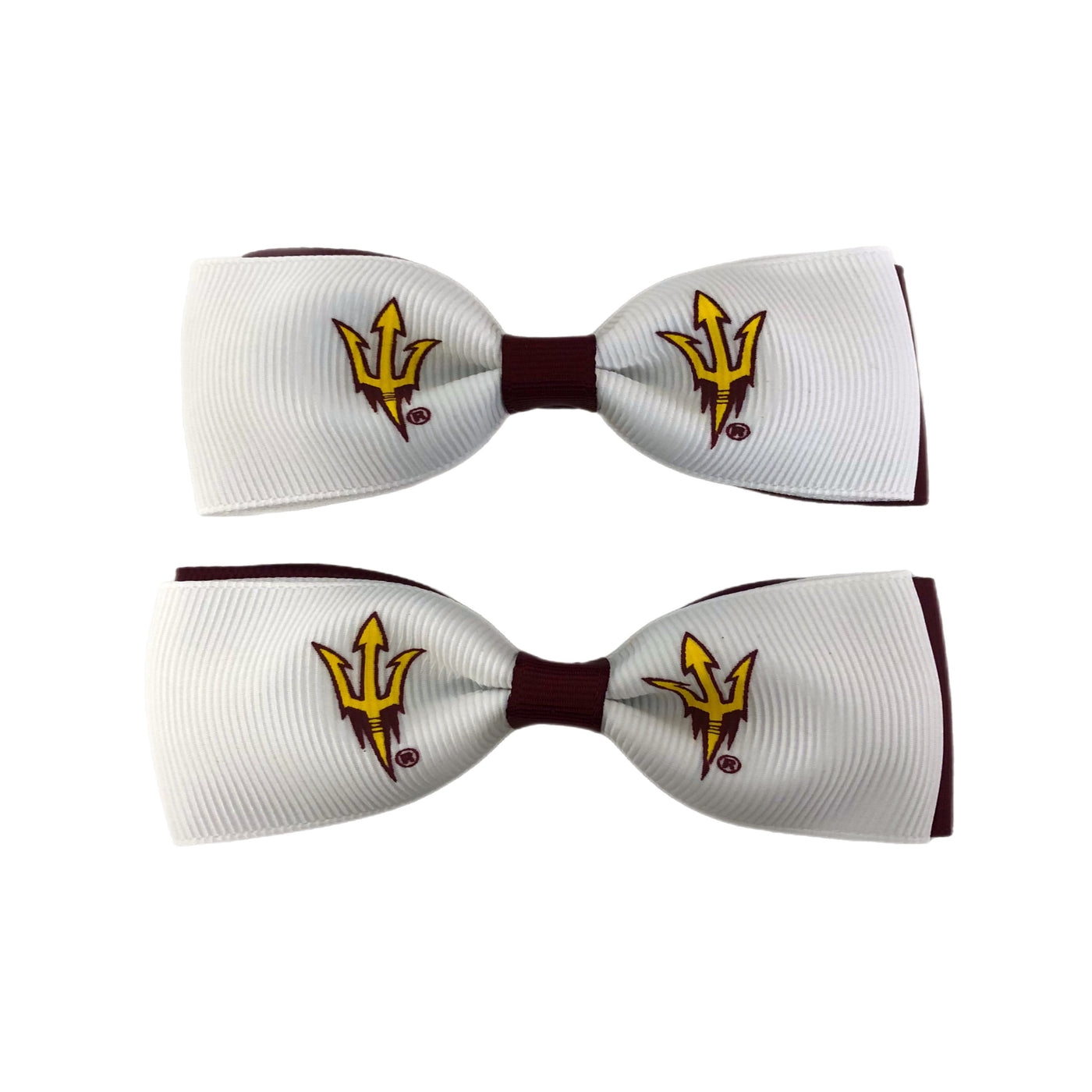 2 ASU white bows with pitchforks that is layered over a maroon bow.
