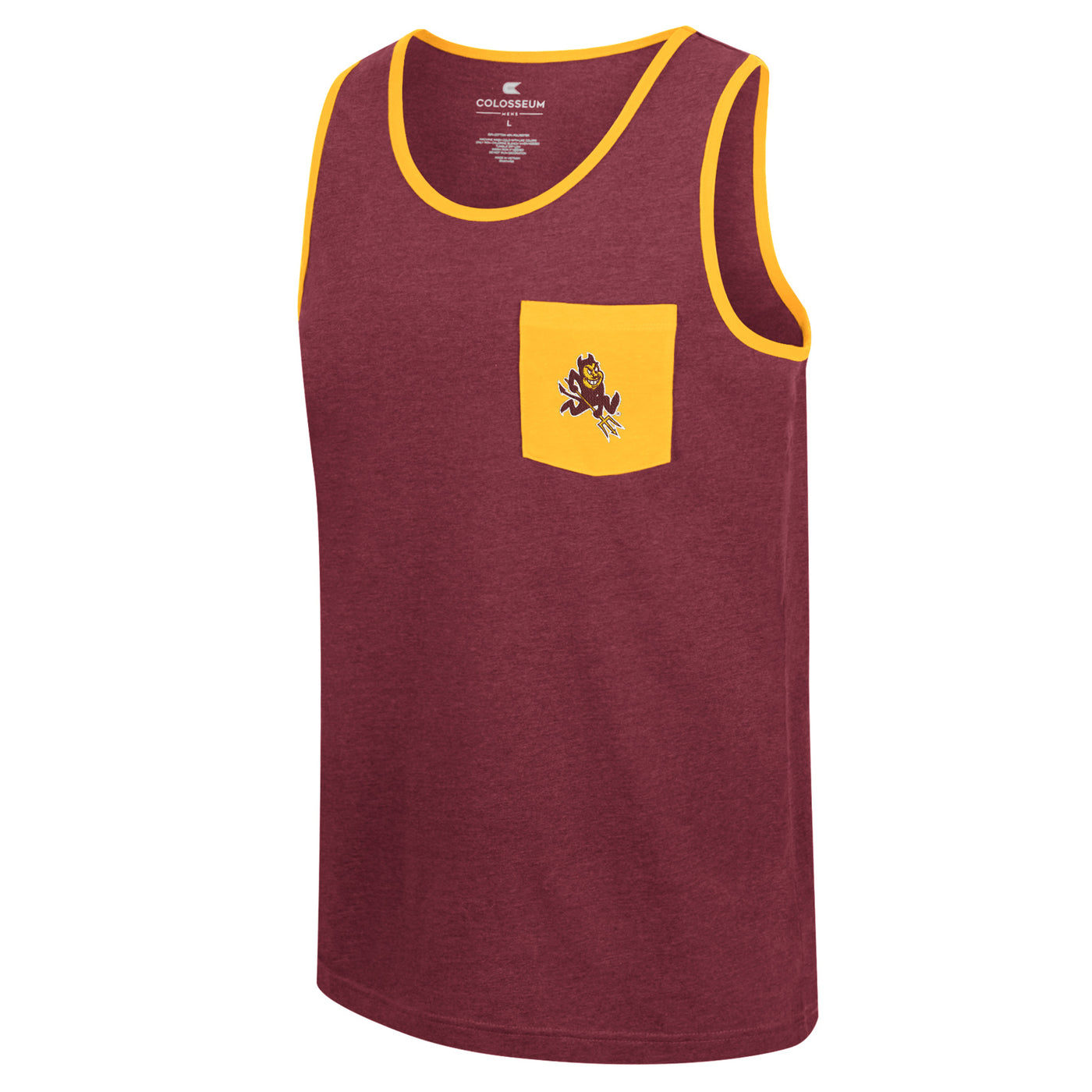 Maroon mens tank top with gold trim. Gold pocket on chest with a sparky mascot.