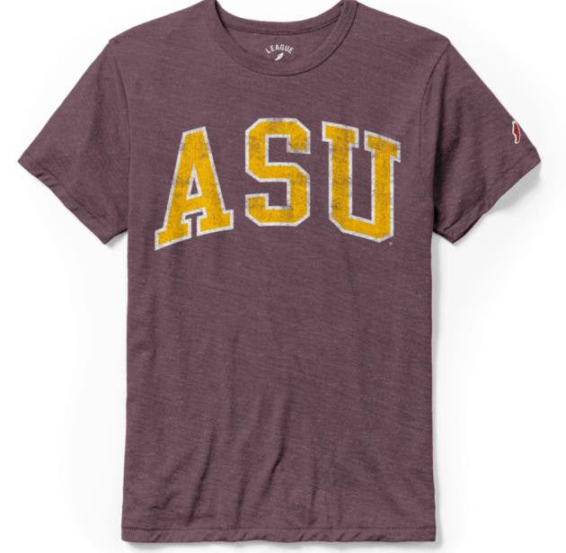 ASU maroon tee with 'ASU' gold lettering outlined in white