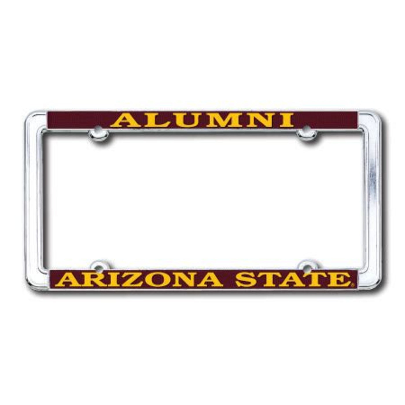 ASU metal license plate frame with maroon bottom and top and gold lettering that says 'Alumni Arizona State'