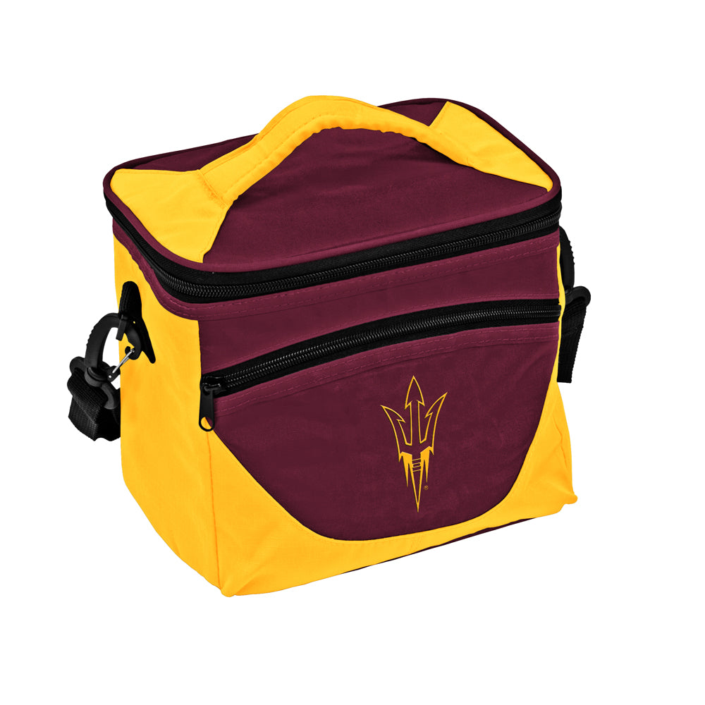 ASU maroon adn gold cooler with removeable balck strap, zippered compartments, and a gold pitchfork on the front