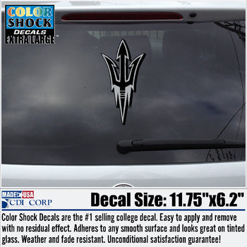 ASU decal of pitchfork in black with gray outline in car window 