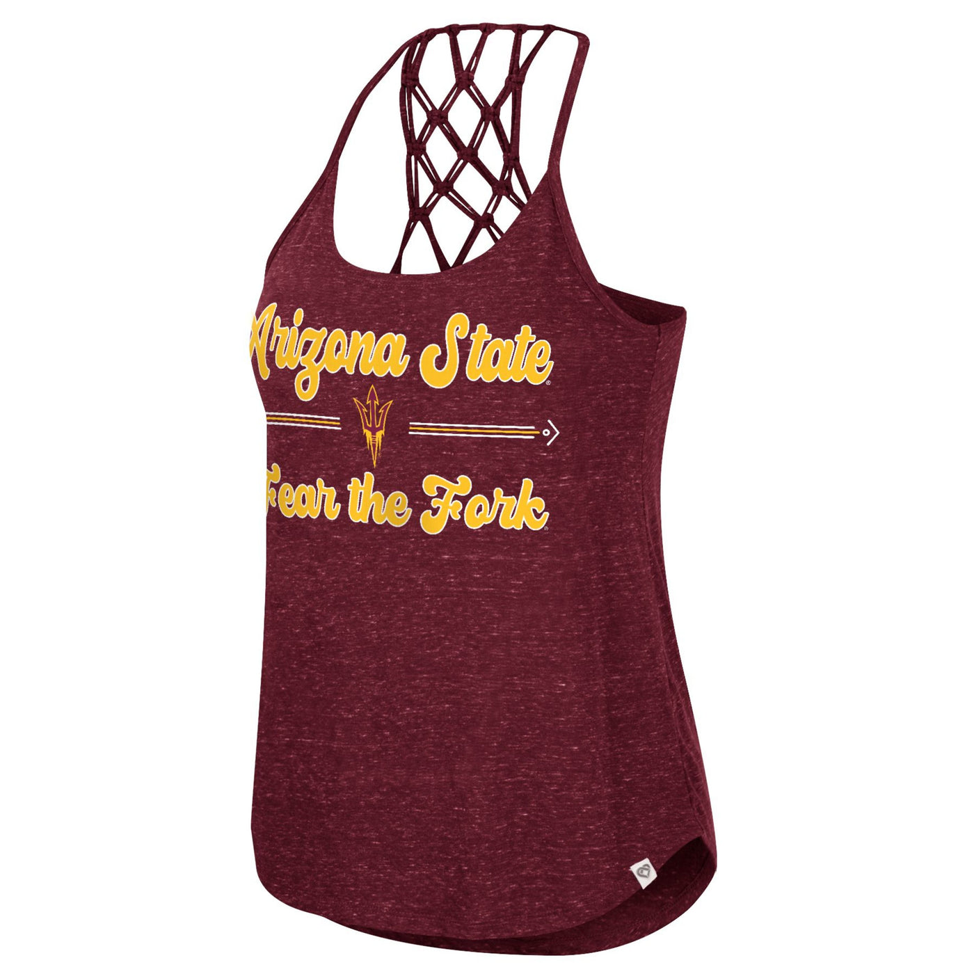 ASU women;s maroon tank with macrame back and 'Arizona State, Fear the Fork' lettering around a pitchfork