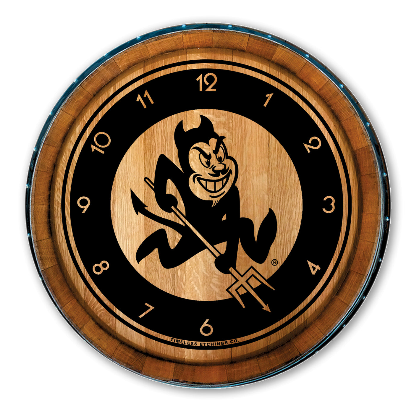 ASU wine barrel wooden clock with Sparky in the middle and numbers 1-4 and 6-12 surrounding