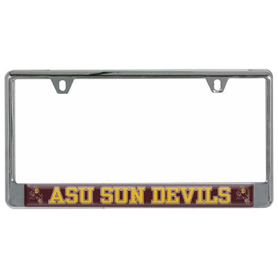 ASU license plate frame with maroon bar at bottom with 'ASu Sun Devils' lettering in between 2 Sparkys