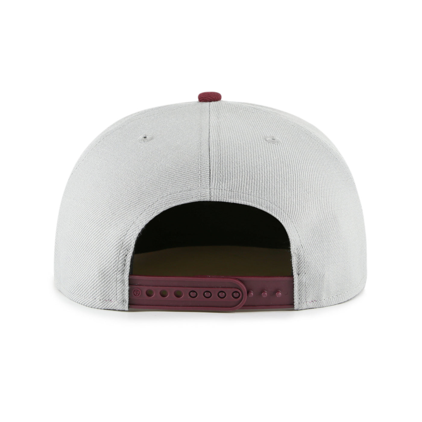 Backside of ASU grey hat. Top pin and plastic strap is also maroon. 