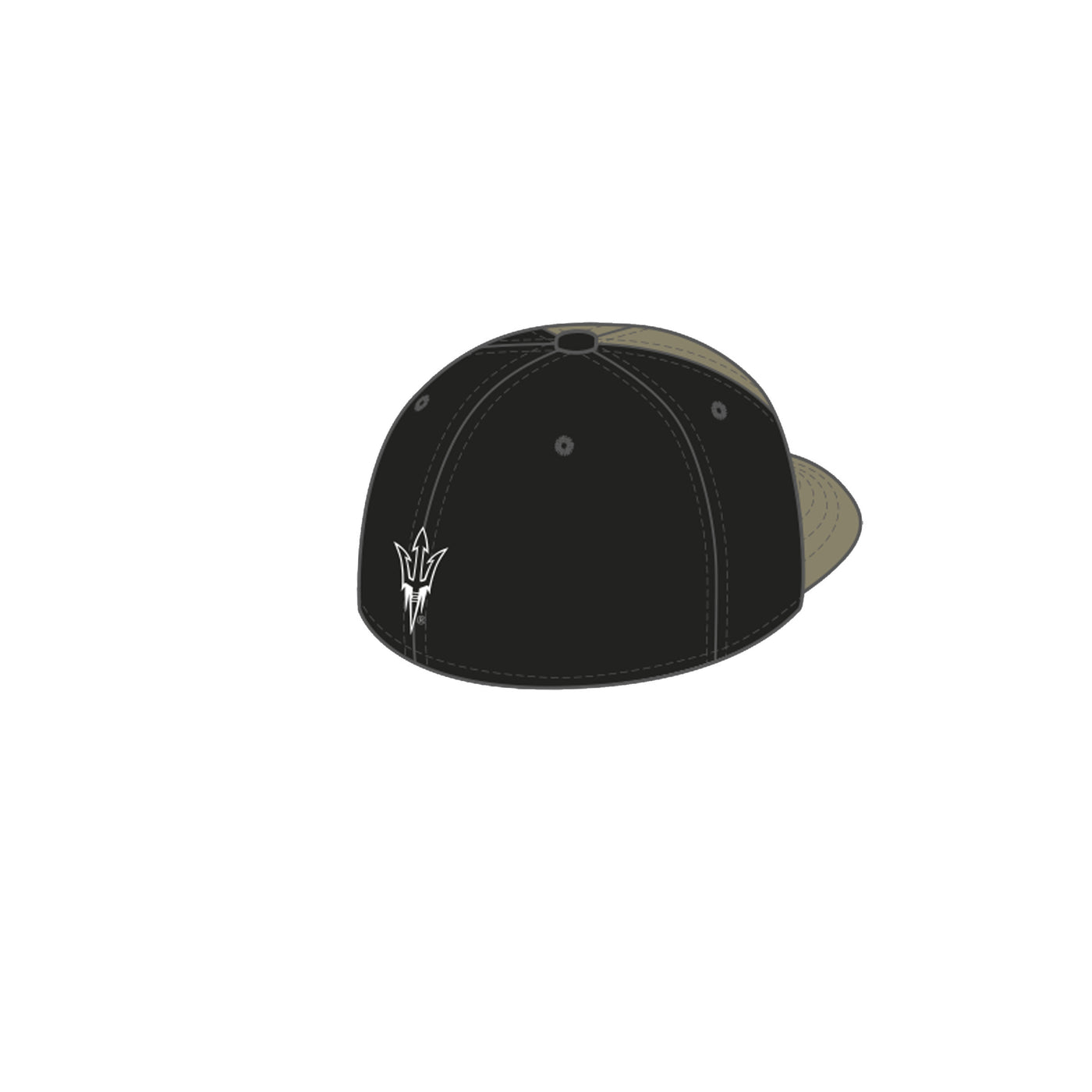ASU stretch fit hat with black back and a white outlined pitchfork on the back