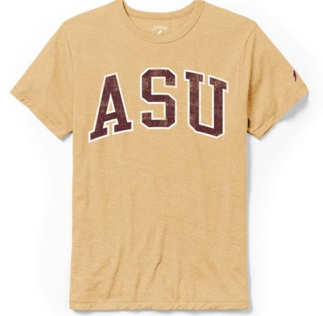 ASU gold tee with 'ASU' maroon lettering outlined in white