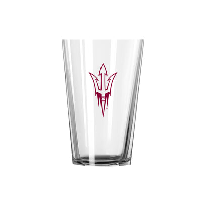 ASU pint glass with maroon pitchfork outline