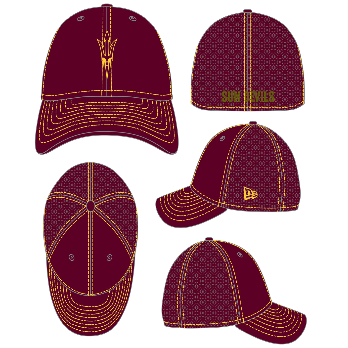 Digital rendition of front, back, left, right, and view from above of the ASU maroon strectch fit hat with darker maroon mesh on back panels and a gold outlined pitchfork on the front