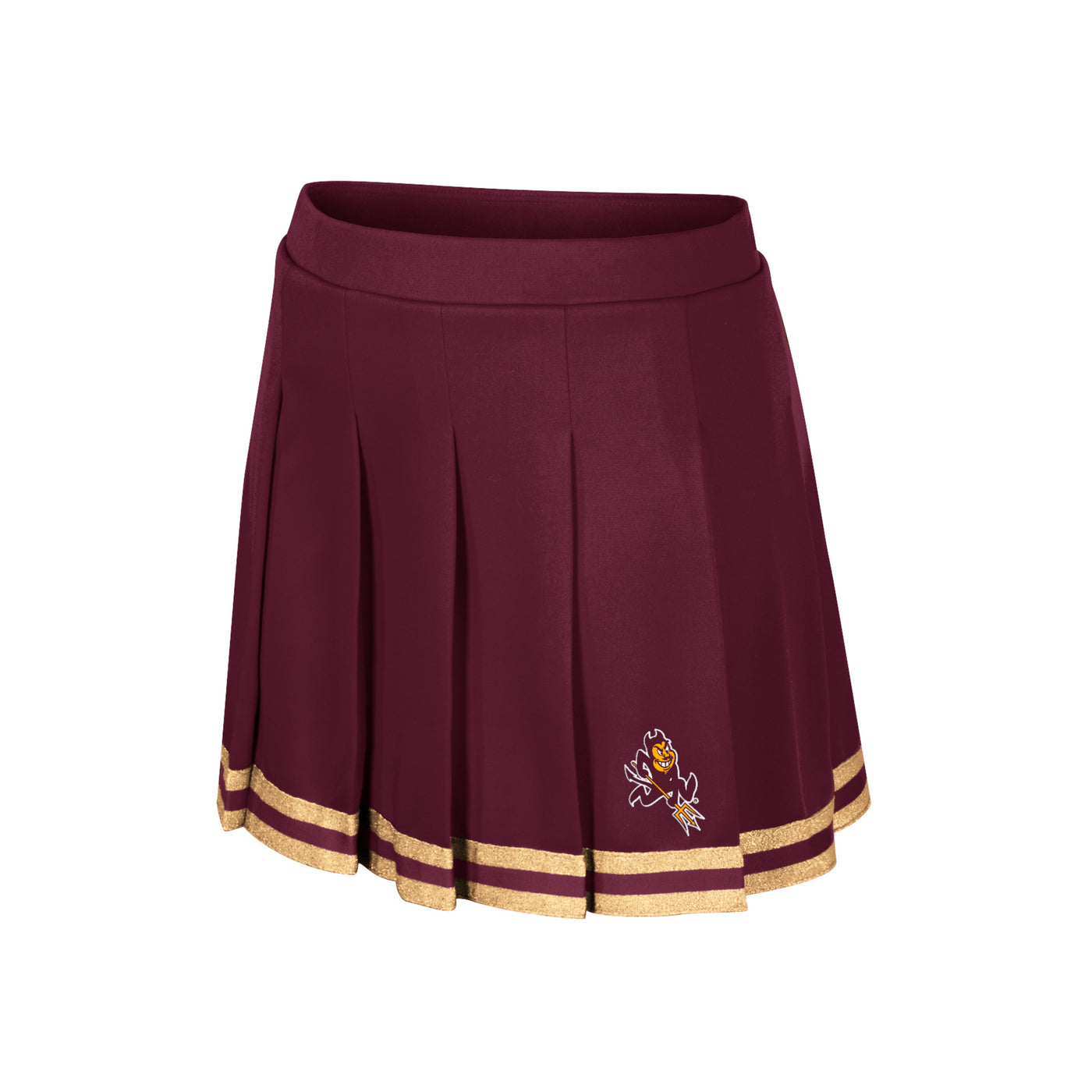 ASU maroon cheer skirt with two gold glitter stripes at the rim of the skirt. There is also a small sparky mascot towards the end of the skirt.