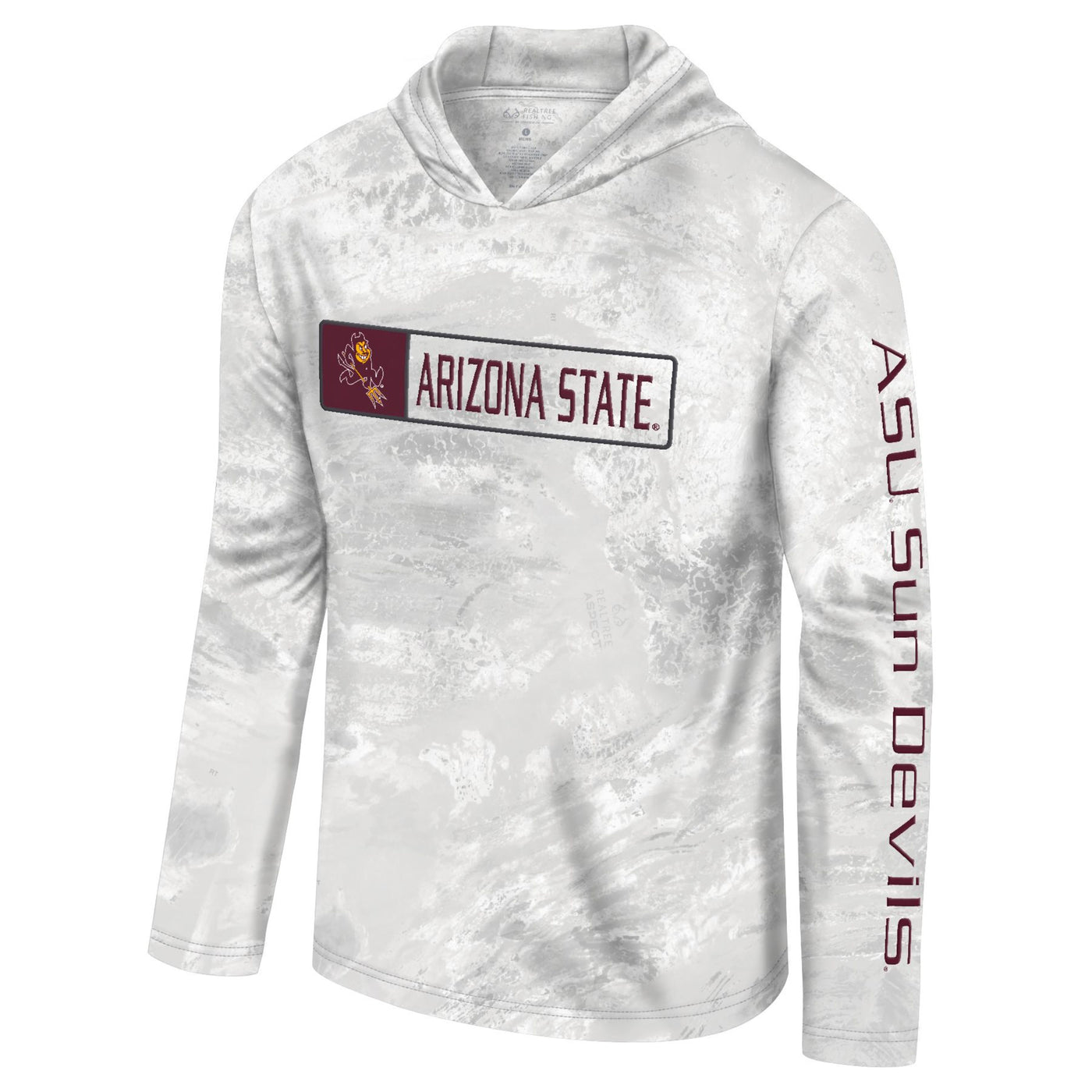ASU hooded long sleeve in a grey and white smoky color pattern. The text 