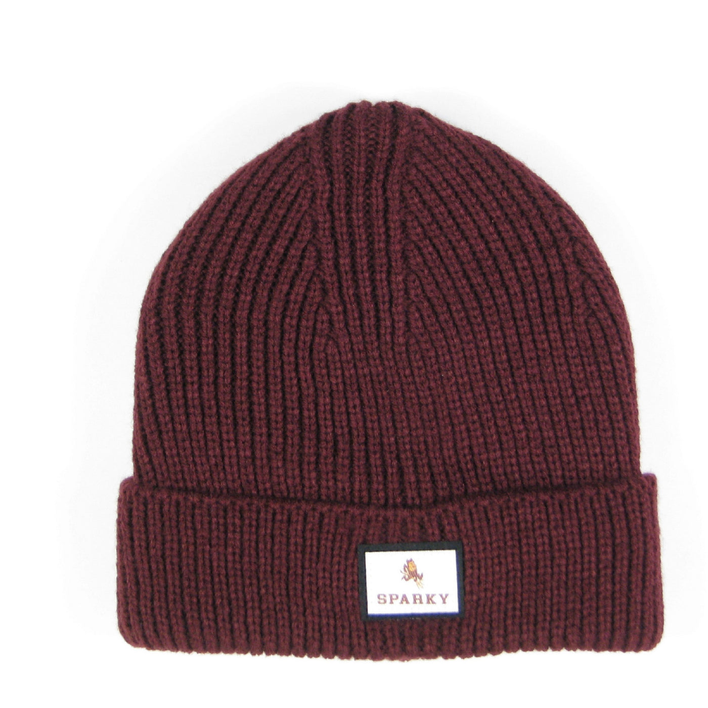 ASU maroon ribbed beanie with a white patch on the cuff saying 'Sparky' underneath Sparky