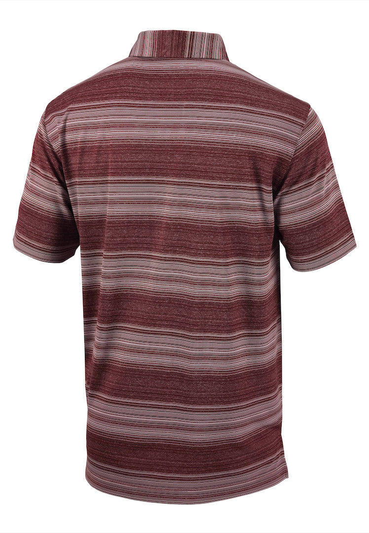 Back view of maroon and white striped polo
