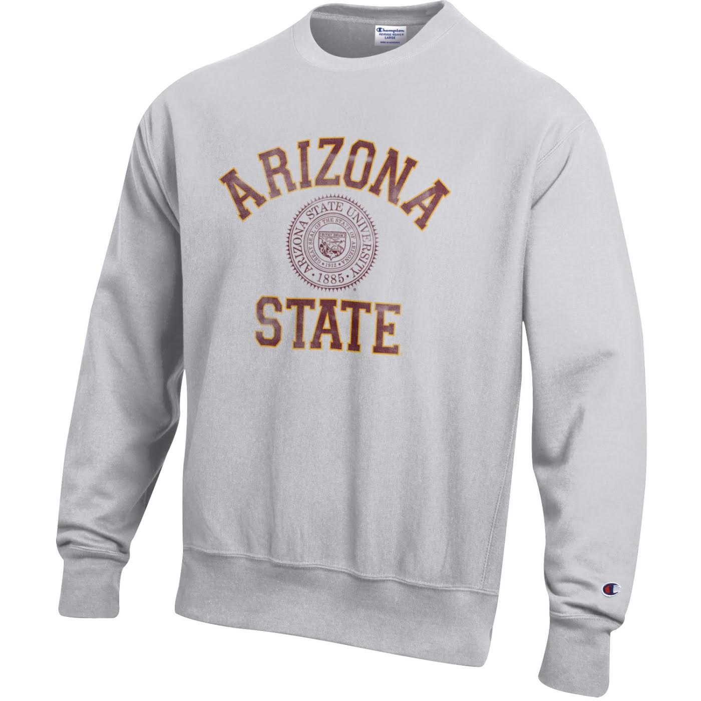 ASU gray crewneck with Arizona state written in maroon around Vault seal print on chest.