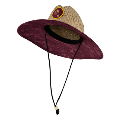 ASU straw hat with a tropical maroon pattern underneath and a sparky mascot in a maroon circle outlined in gold is on the front