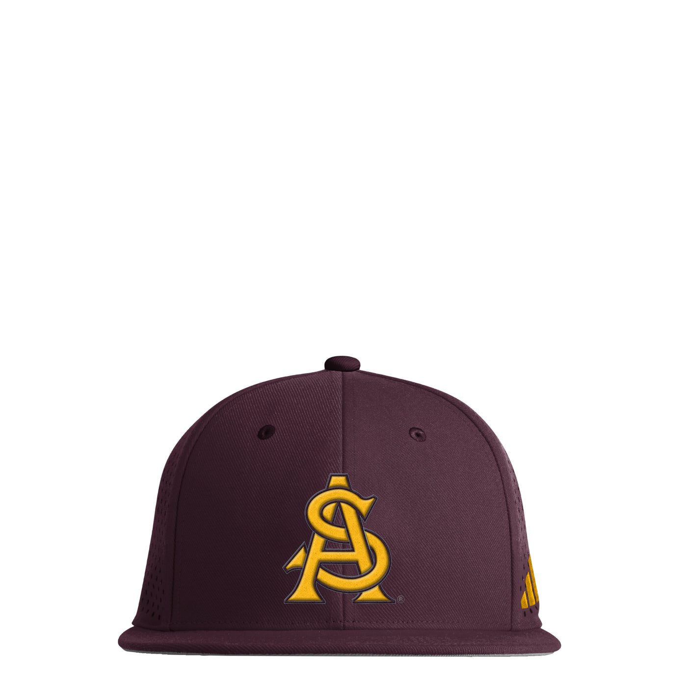 ASU maroon performance style fitted hat with gold interlocking 'A' and 'S' on the front