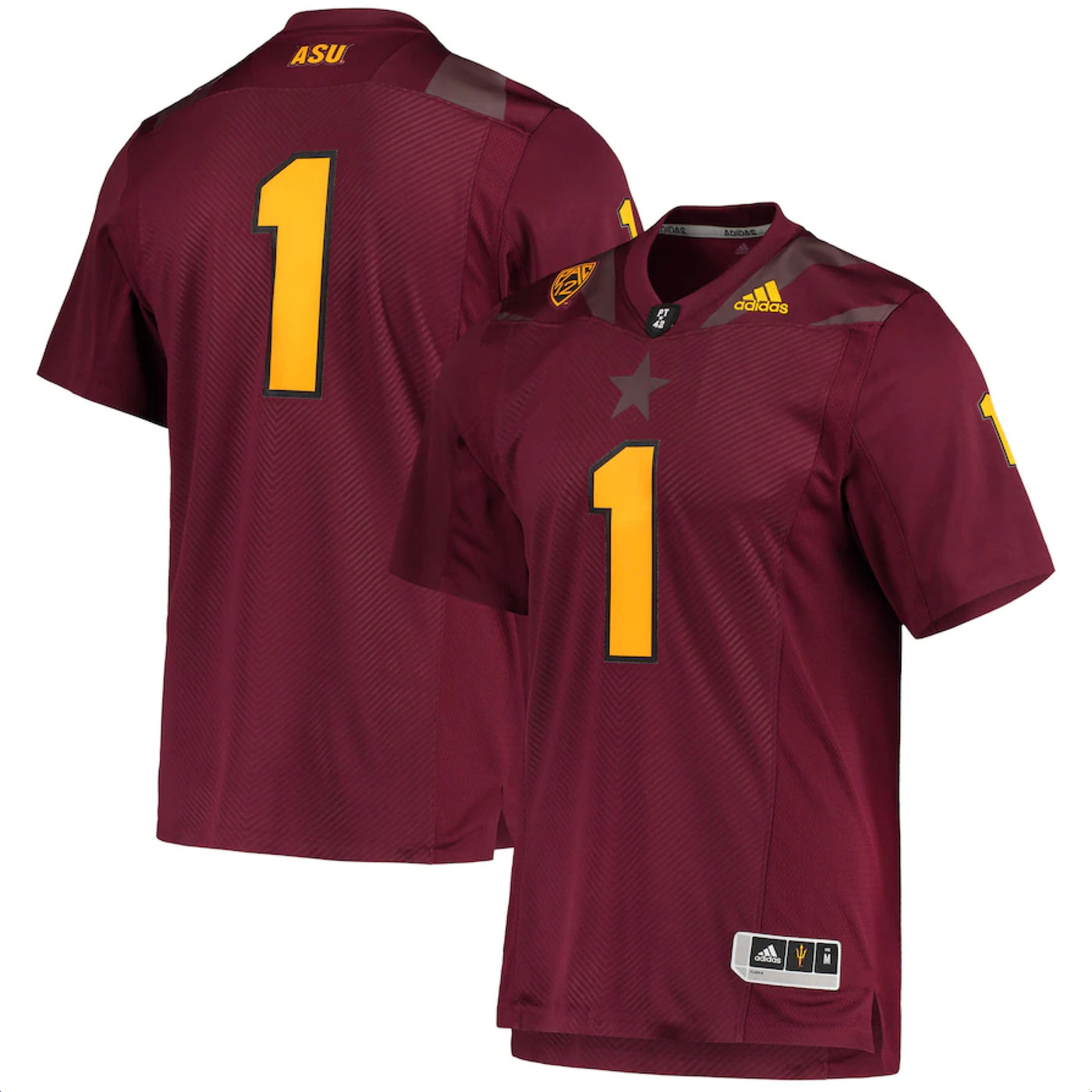 Back and front view of ASU maroon football jersey with Arizona State flag design on chest and shoulders and and #1