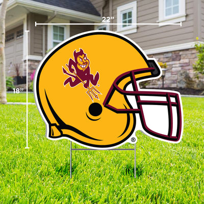 ASU lawn sign in front yard of gold football helmet with maroon mask and Sparky on side