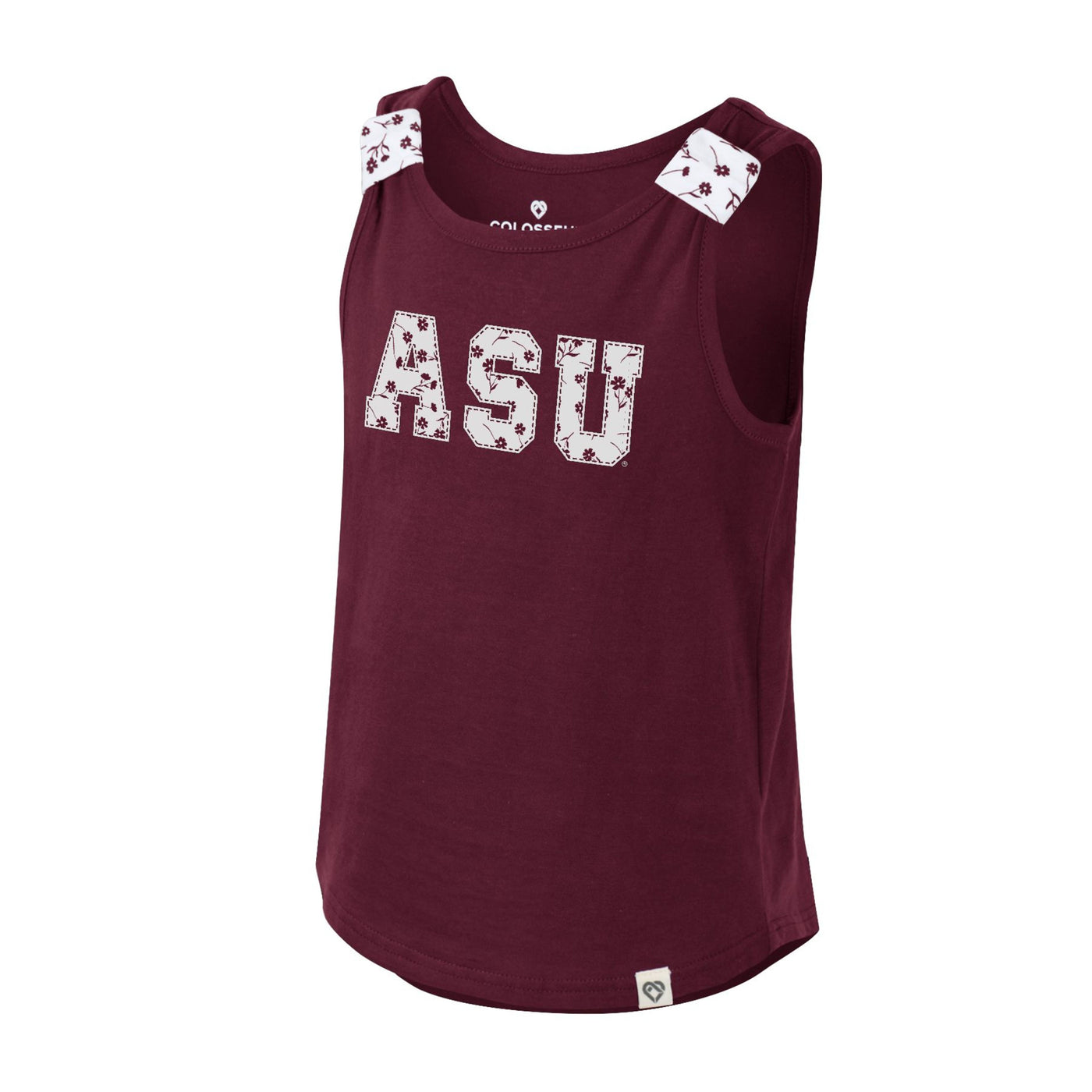 ASU maroon youth girls tank top with the ASU logo written in white with a maroon flower patter. The same white with flower pattern is used on a small section of the neckline.