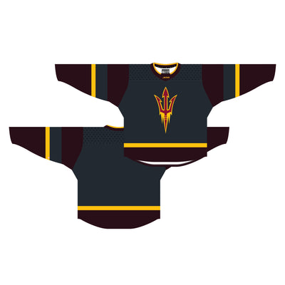 computer rendered ASU grey hockey jersey. most of the arms and the bottom section of the top is maroon. there is a gold strip on each arm and around the waist. the shoulder to armpit section is also in maroon and on the from is a pitchfork logo in maroon outlined in gold. 