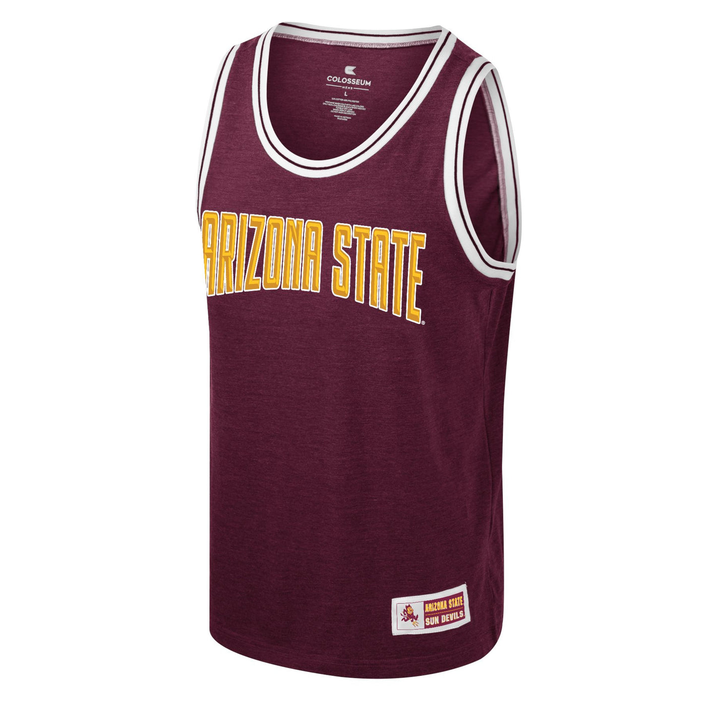 ASU youth maroon basketball tank with white trim around arm and neck holes. Centered across the chest gold text 'Arizona State