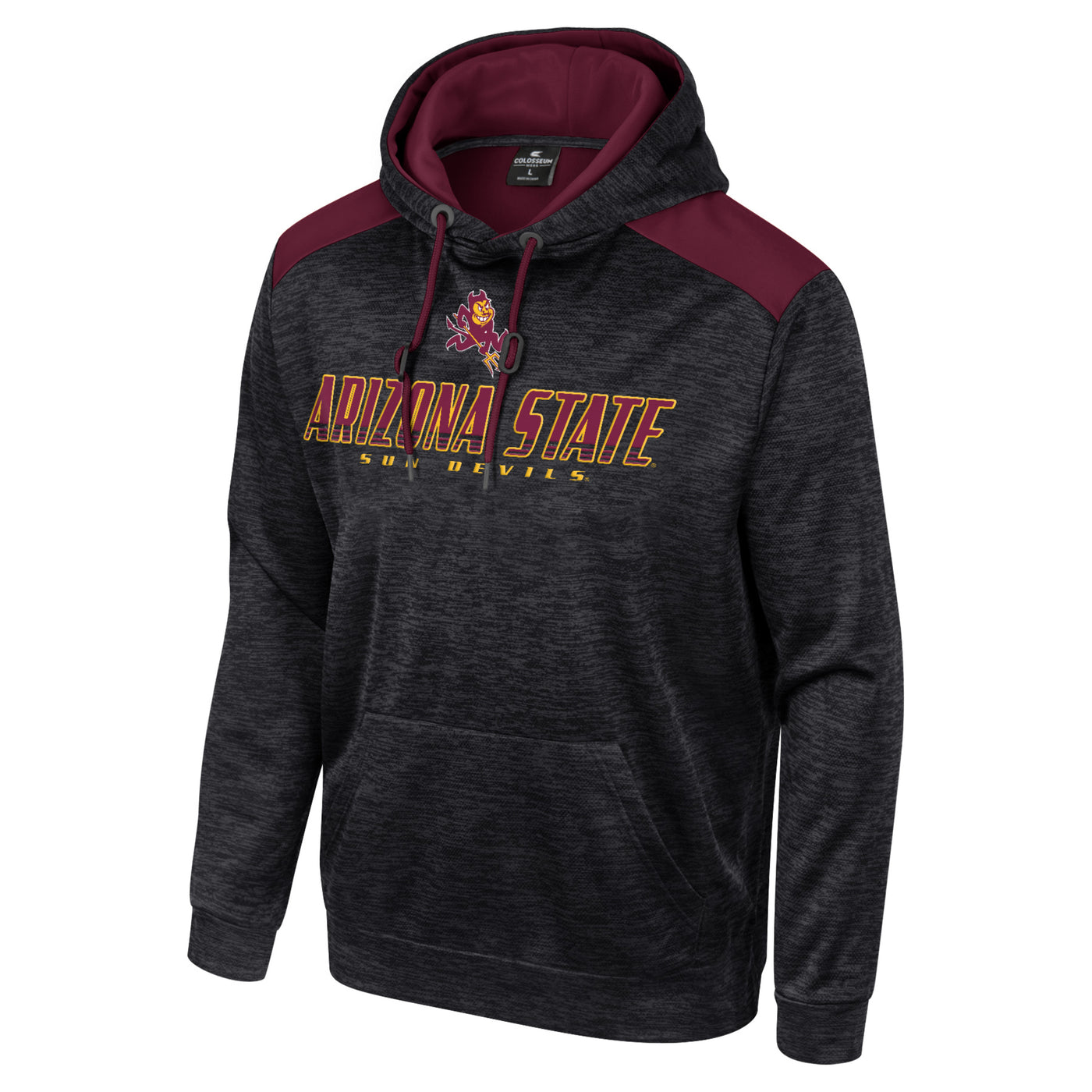 ASU hoodie in a black and grey static color. there is maroon on the shoulders and lining the hood. The text 